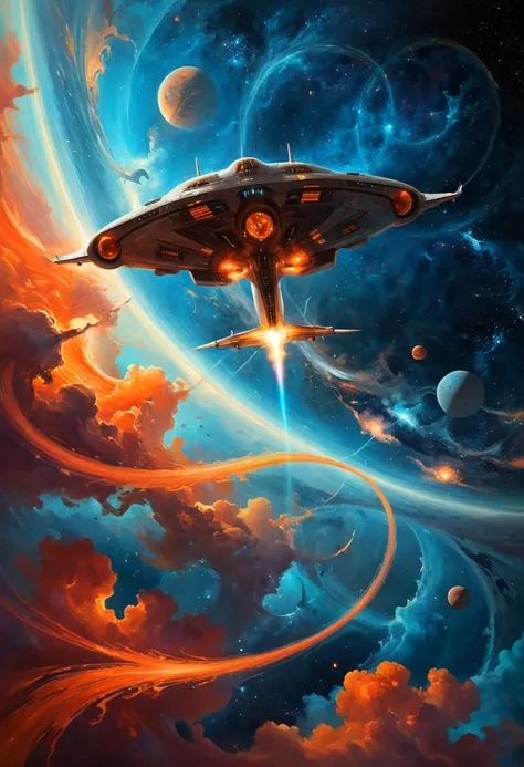 by Sabbas Apterus and Andre Kohn, A futuristic spaceship soars through a celestial tapestry, its sleek form elegantly juxtaposed against swirling nebulas in a vibrant symphony of cosmic blues and fiery oranges.