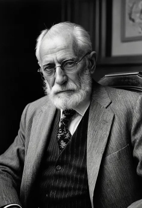 ((RAW photography by Martin Deschambault)), monochrome b&w, ((film grain texture)), analog photography aesthetic, Elderly gentleman, full white beard, deep-set eyes, thoughtful expression, holding eyeglasses, ((pinstripe suit)), white shirt, patterned tie, seated in wooden chair, old office setting, soft lighting highlighting facial textures, timeless elegance, classic portraiture reminiscent of old master paintings, naturalistic pose suggesting wisdom and contemplation, stark contrast accentuating fine details and textures of hair and fabric, indicative of early 20th-century photographic styles