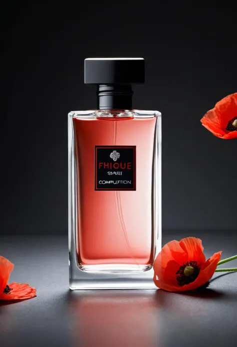 (sparse composition:1.9), professional product photography, beautiful lighting, a clear glass perfume bottle with a red label centered on a black background, surrounded by vibrant red poppies with black centers. The perfume bottle has a reflective silver cap and a logo in the center of the label, presented in a front view with a slight elevation. The poppies are in full bloom, with petals that have a delicate texture and a gradient of red tones, arranged densely around the bottle to form a lush, natural frame. The image has a tall, portrait orientation.