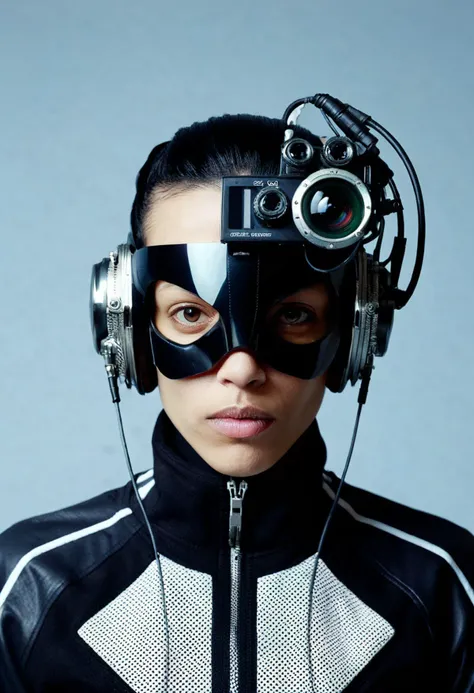 (Rosario Dawson:0.2)(Yolandi Visser:0.7), professional photography, (front facing view, symmetrical composition, streamlined composition:1.4), girl with obscured facial features sports an elaborate, futuristic head-mounted camera rig, embodying a cybernetic, sci-fi aesthetic; slick black hair swept back, distinctive tattoos adorn visible skin; dressed in a minimalist, dark bomber jacket, evoking a contemporary, urban vibe; the complex apparatus combines mechanical components, wiring, and optical systems, suggesting advanced surveillance or virtual reality technology; monochrome backdrop amplifies focus on the intricate details of the gear and the subject's sleek, enigmatic presence
