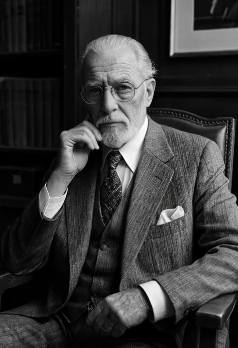 monochrome b&w, ((film grain texture)), analog photography aesthetic, Elderly gentleman, full white beard, deep-set eyes, thoughtful expression, holding eyeglasses, pinstripe suit, white shirt, patterned tie, seated in wooden chair, old office setting, soft lighting highlighting facial textures, timeless elegance, classic portraiture reminiscent of old master paintings, naturalistic pose suggesting wisdom and contemplation, stark contrast accentuating fine details and textures of hair and fabric, indicative of early 20th-century photographic styles