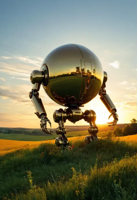 oil paining by Aleksi Briclot and Daniel Gerhartz and Seth Globepainter, beautiful globular robot made of brass, countryside setting, golden hour