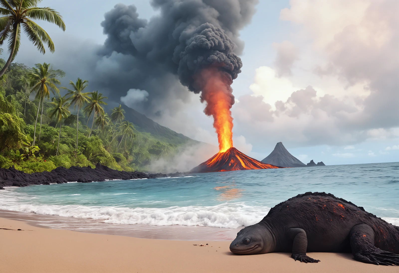 made in theAraminta_C. made an image with inpainting, mountain, jungle, beach, ocean, and a salamander, then I used that image as style and composition for:
masterpiece, HD, 4k, tropical island with a jungle, a volcano with lava, next to an ocean, water vapour is steaming where the lava flow connects with the water, a salamander is standing on the beach,
The salamander had an extra leg that was removed with inpainting as well.