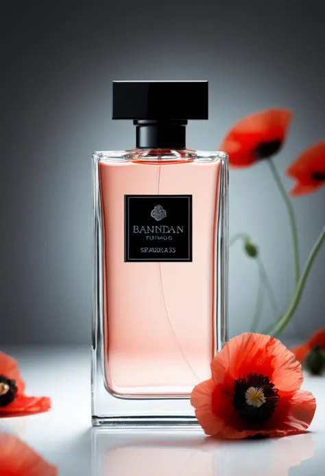 (sparse composition:1.9), professional product photography, beautiful lighting, a clear glass perfume bottle with a red label centered on a black background, surrounded by vibrant red poppies with black centers. The perfume bottle has a reflective silver cap and a logo in the center of the label, presented in a front view with a slight elevation. The poppies are in full bloom, with petals that have a delicate texture and a gradient of red tones, arranged densely around the bottle to form a lush, natural frame. The image has a tall, portrait orientation.
