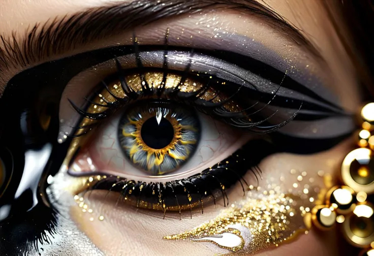 (fluid art makeup), woman eye iris closeup, sophisticated makeup, elegant colour palette, liquid gold and silver, gray tones, 24mm lens, wide field, beautiful light, ultra high details