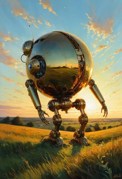 oil paining by Aleksi Briclot and Daniel Gerhartz and Seth Globepainter, beautiful globular robot made of brass, countryside setting, golden hour