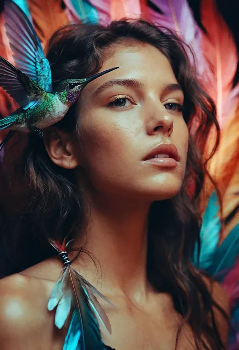 by Guy Aroch and Daniel Gerhartz, made of iridescent hummingbird feathers, beautiful young woman, complex environment, nsfw, (strong analog film grain:1.1), detailed realistic flawed skin texture, 8K