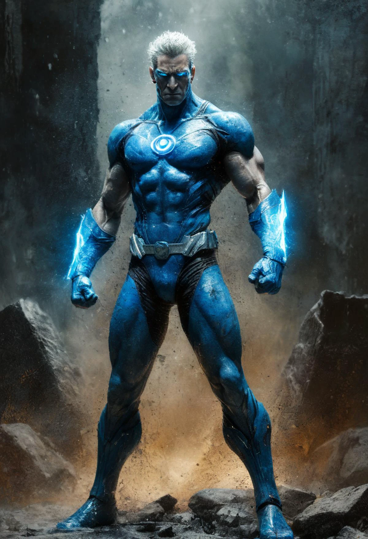 full body, textured gritty artwork by Luis Royo and Andre Kohn and Don McCullin, rugged massive muscular Captain Atom, blue glowing eyes, blue suit, intricate, detailed, atmospheric lighting, out of focus background, full body view, mineral background with lots of dust