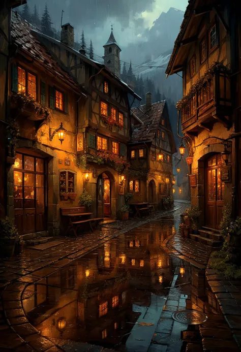 illustration by Basil Gogos and Daniel Gerhartz, charming tavern in a street alley, medieval village, rain, moody, reflections in water puddles, cold light in the background mixed with the warm light of candle lights, desolated winter mountain background