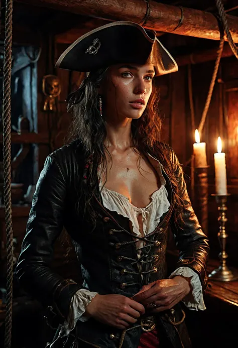 ultra realistic raw textured photography by Alessio Albi and Steve McCurry and Andre Kohn, nsfw, 1500s era, cleavage, full body, (person:0.8) (Sharon Stone:0.8) in leather pirate outfit, pirate hat, pirate captain room on pirate boat, warm candle light, night time, (natural human skin with visible pores and minor blemishes, very detailed, cluttered skin:1.2), (detailed accurate eyes:1.0)