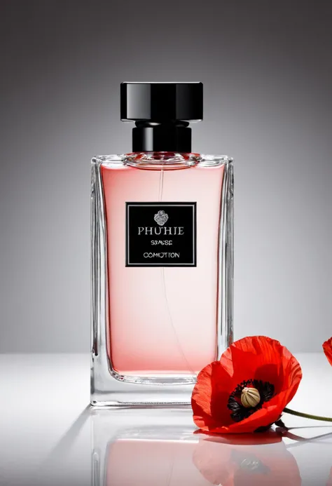 (sparse composition:1.9), professional product photography, beautiful lighting, a clear glass perfume bottle with a red label centered on a black background, surrounded by vibrant red poppies with black centers. The perfume bottle has a reflective silver cap and a logo in the center of the label, presented in a front view with a slight elevation. The poppies are in full bloom, with petals that have a delicate texture and a gradient of red tones, arranged densely around the bottle to form a lush, natural frame. The image has a tall, portrait orientation.
