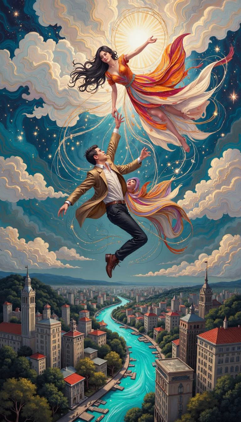DB4RZ,DB4RZ style painting,a hand-drawn sketch and watercolor style,opalescent inlay,DIGITAL PAINTING,FLUORESCENT, GLOW, Two figures, a man and a woman, plummet gracefully over a whimsically rendered cityscape. The man, clad in a beige jacket and dark trousers, reaches for the woman above, his expression obscured. She, adorned in a vibrant orange dress, mirrors his fall with outstretched arms, her long black hair cascading towards the meticulously detailed city below. The scene is bathed in an ethereal, otherworldly light, emanating from the billowing clouds that cradle the figures. A meandering cerulean river bisects the cityscape, its surface reflecting the celestial luminescence above. Render this in a style evocative of Miyazaki, employing a vibrant, yet subtly melancholic color palette. Focus on the contrast between the figures' weightlessness and the intricate details of the world shrinking beneath them, capturing the poignant beauty of their descent.