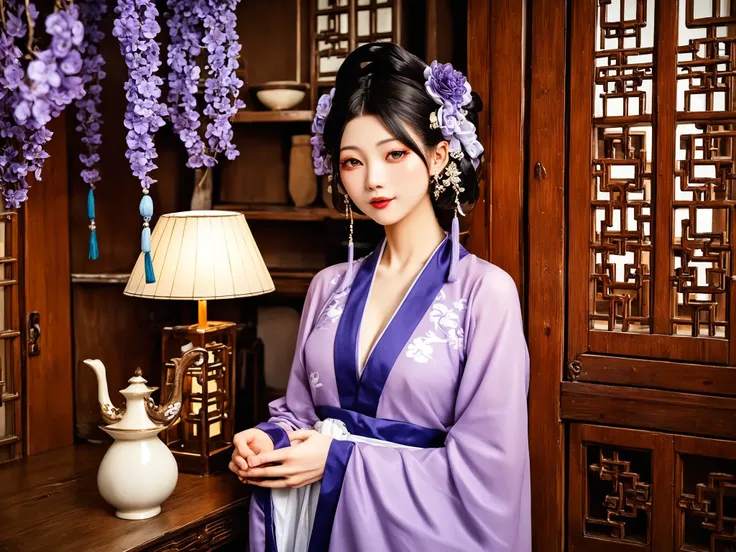 score_9,score_8_up,score_7_up,score_6_up,score_5_up,score_4_up,
hanfuyouhua,hanfu,serene young woman in traditional Chinese attire Tang dynasty intricate floral hair ornaments delicate purple robe soft natural light gentle expression,surrounded by blooming purple flowers,A wooden room in an ancient Chinese Oriental building with coffee tables,Chinese landscape paintings on the walls,and bookshelves,,<lora:Ppny_hanfu-000001:0.8>, masterpiece,best quality,high-resolution image,High quality, Superb lighting, Highly detailed, Sharp focus, 8K UHD,