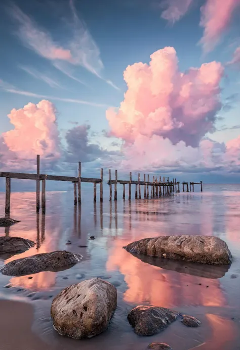 Ultra wide high view, 17mm lens.  Professional landscape photography, maximalist composition, strong colours, A serene seascape at dusk. The sky is a blend of soft pink and blue hues, reflecting on the calm sea below. A few rocks emerges from the mirror-like water surface reaching the sandy shore. A (huge:1.6) towering cumulus cloud dominates the sky, tinged with the warm colors of the setting sun. Wooden posts stick out of the water in the foreground, remnants of a pier or structure. The water is mirror-like, reflecting the sky's pastel colors and the dramatic cloud formation.