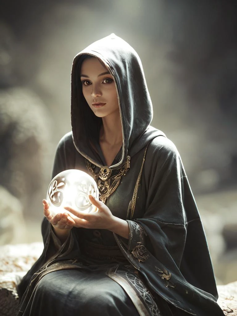 score_9,score_8_up,score_7_up,score_6_up,score_5_up,score_4_up,Beautiful girl, 1970âs dark fantasy artwork, dnd_grainyboyz, fantasy, grainy, holding skull, hood, noise, orb, sitting