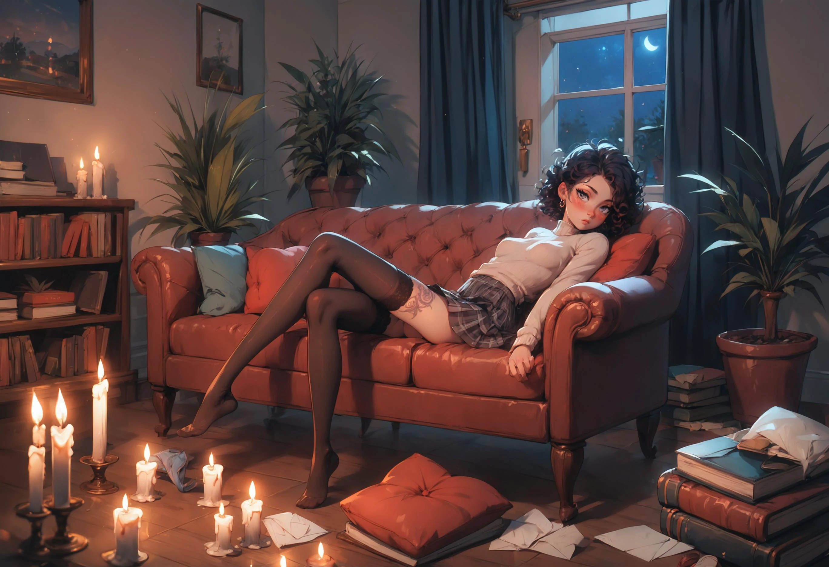 score_9, score_8_up, score_7_up, woman aged 25, sexy, beautiful, full_body, slim body, small_breasts, looking_at_viewer, blush, expressionless, impossible_sweater, long plaid_skirt, lace-trimmed_thighhighs, leg tattoos, multiple_earrings, messy_hair, short_hair, curly_hair, sitting, couch, (leaning_back,:1.3) candles, bedroom, discarded clothes, papers, books, potted plants, curtains, dark, night, cosy <lora:KatounPony:0.6> <lora:g0th1cPXL:0.45>