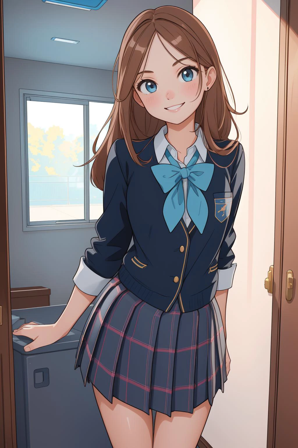 1girl, solo, indoors, smile, school, (school uniform), 0d4ddysg1rls14