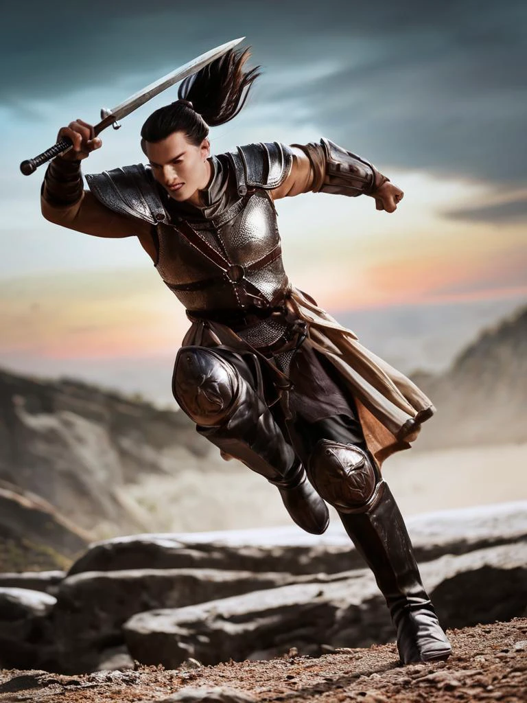 score_9,score_8_up,score_7_up,score_6_up,score_5_up,score_4_up,realistic, ((masterpiece)), ((best quality)), (detailed), cinematic, dynamic lighting, soft shadow, detailed outdoor landscape background, professional photography, depth of field, intricate, detailed face, subsurface scattering, Thulsa Doom in Conan the Barbarian, dark skin, sinister grin,teeth gritted, realistic hair, black hair with a short fringe, ponytail,, realistic eyes, muscular, manly, photo of a thuggish man, black leather armour, and black furs, dark medieval, fantasy, dynamic pose, fighting stance, holding a shiny weapon (40 years old), harness, NEG-fixl-2, musclebears, JuggernautNegative, action shot, great lighting,in an ancient frozen medieval landscape