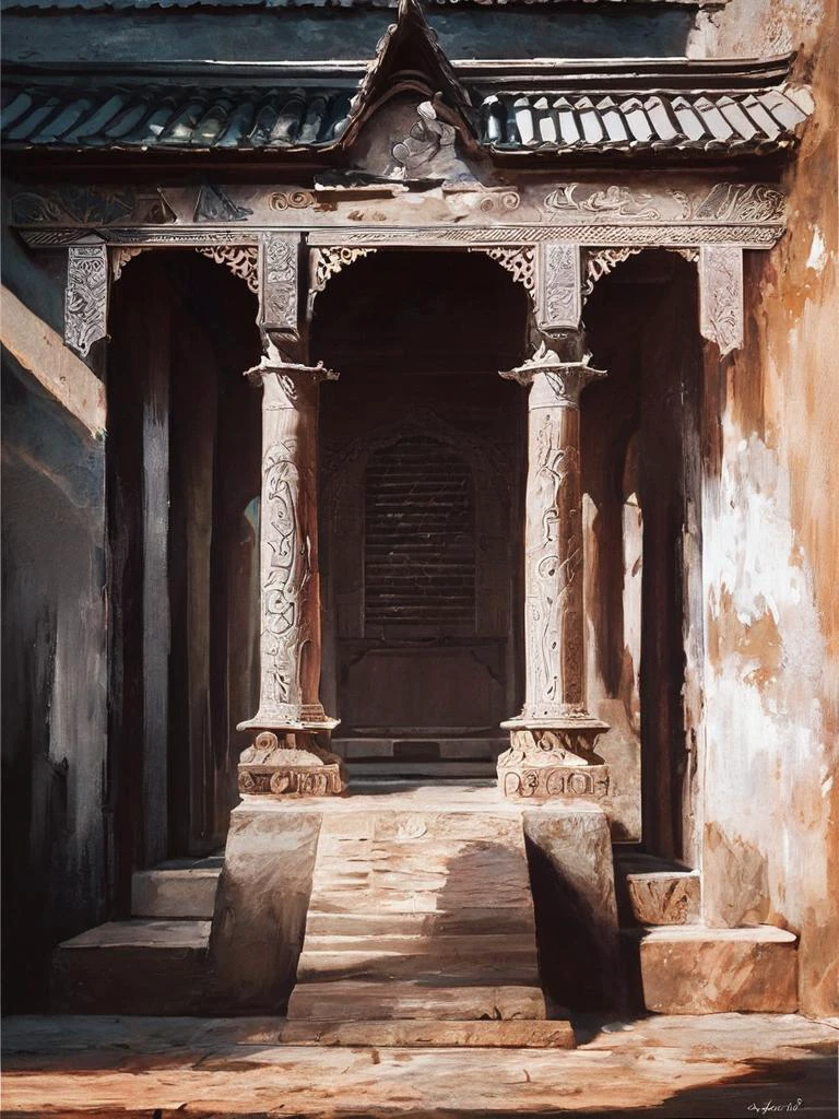 score_9,score_8_up,score_7_up,score_6_up,score_5_up,score_4_up,Beauty, realism, cinematic quality, chiaroscuro, rays of light, play of shadow and light, cinematic style,
A thought-provoking, conceptual painting that explores the theme of mistakes that can't be corrected. The artwork features a crumbling, ancient building with a large, central painting that appears to depict a young woman. The woman's face is partially obscured, as if something has been removed or erased from the painting. The atmosphere is somber, with a color palette of muted blues and grays, creating a sense of despair and immutability., painting, conceptual art, illustration, dark fantasy