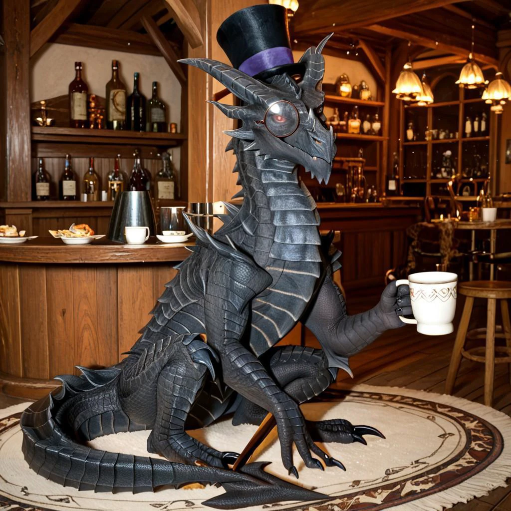 score_9, score_8_up, score_7_up, score_6_up, masterpiece, high quality, realistic, detailed, best quality, solo, rating_safe, source_furry, tavern room, smiling, looking at viewer, behind counter, negative_hand, full body, alduin_skyrim, dragon, black scales, wings, horns, tail, male, 1boy, red sclera, red eyes, wyvern, (no hands, no claws, full body), feral, (monocle, Top hat, round eyewear:1.3), holding cup of tea, tarven, cup, wood cup