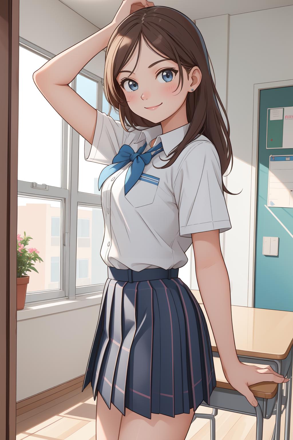 Anime girl in school uniform posing in a classroom - SeaArt AI