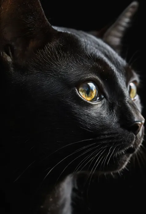 (a masterwork of fine fine art:1.0), macro photography by Alessio Albi, (extreme details, beautiful skin delicate texture), (black cat:1.8), black background, (strong light translucence effect, the light can be seen through the ears and in the eyes, refraction and caustics:1.5)