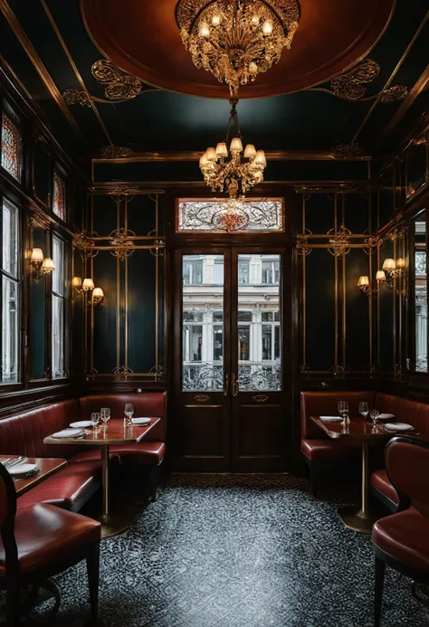 photography by Alessio Albi and Basil Gogos, art nouveau restaurant in Brussels, cinematic  photorealistic