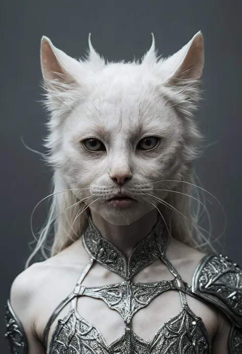 (a masterwork of fine surreal art:1.2), macro photography by Alessio Albi, (beautiful skin delicate texture), (Yolandi Visser:1.45) (cat:1.6), short fur, armour 