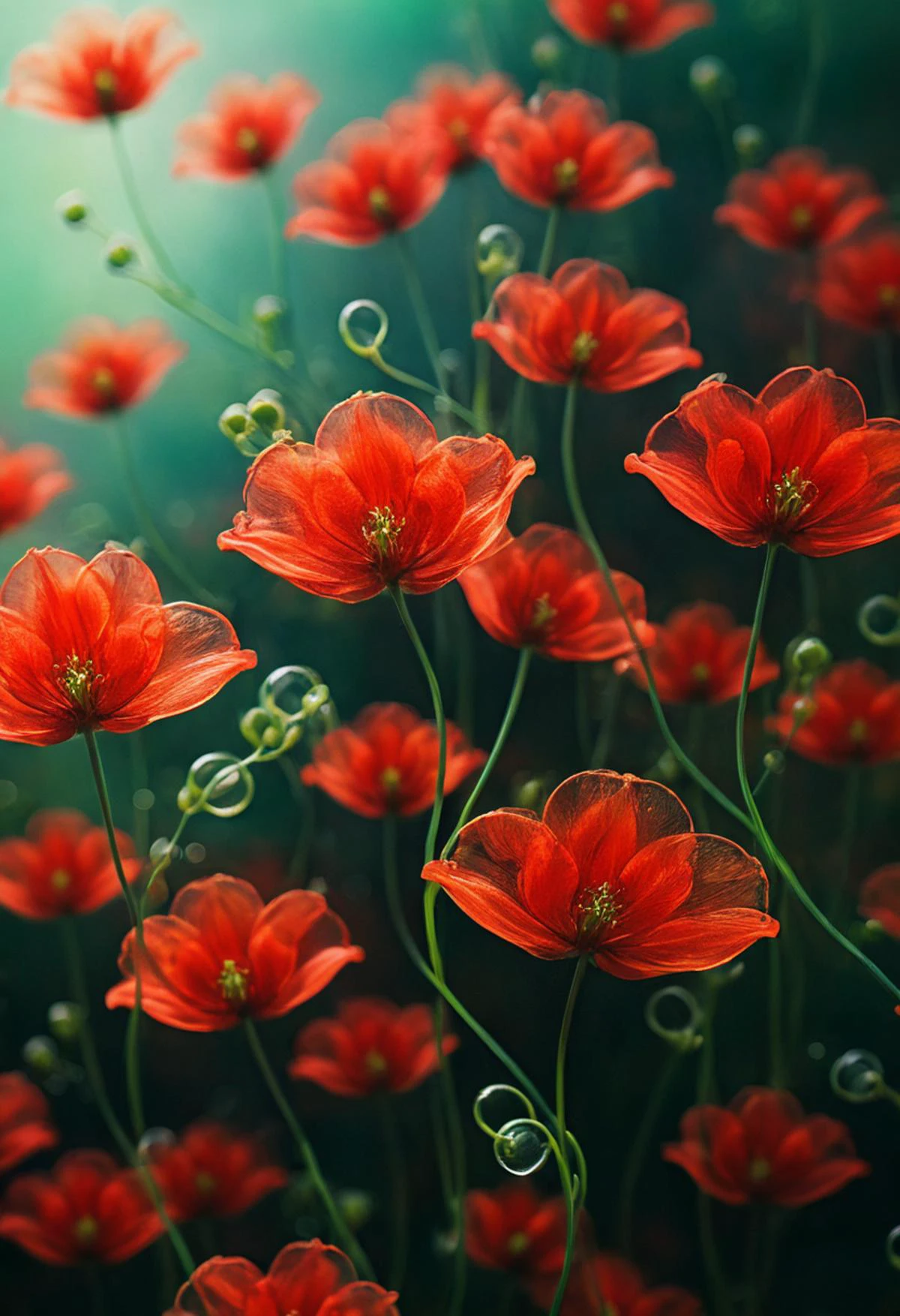 (a masterwork of maximalist fluid art:1.0), (translucent) macro photography by RHADS and Alessio Albi, (extreme details, beautiful delicate texture), interlaced green and red flowers blossoms, abstract closeup, (gorgeous out of focus background with delicate abstract swirls effects and small delicate bokeh)