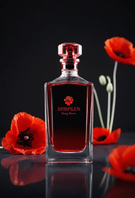 (sparse composition:1.9), professional product photography, beautiful lighting, a clear glass perfume bottle with a red label centered on a black background, surrounded by vibrant red poppies with black centers. The perfume bottle has a reflective silver cap and a logo in the center of the label, presented in a front view with a slight elevation. The poppies are in full bloom, with petals that have a delicate texture and a gradient of red tones, arranged densely around the bottle to form a lush, natural frame. The image has a tall, portrait orientation.