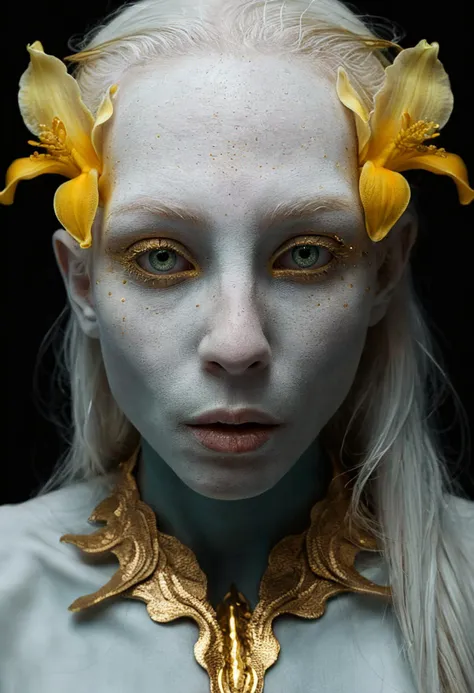 professional photography by Olivier Valsecchi, closeup portrait a half-alien and half-human woman with teal-coloured skin and with golden freckles and with alien eyes with (glowing golden iris:1.4), white hair, In the depths of this nocturnal tableau lies the promise of epic tales yet untold, where the spirit of the Indianer melds seamlessly with the diesel-powered pulse of a world in flux.