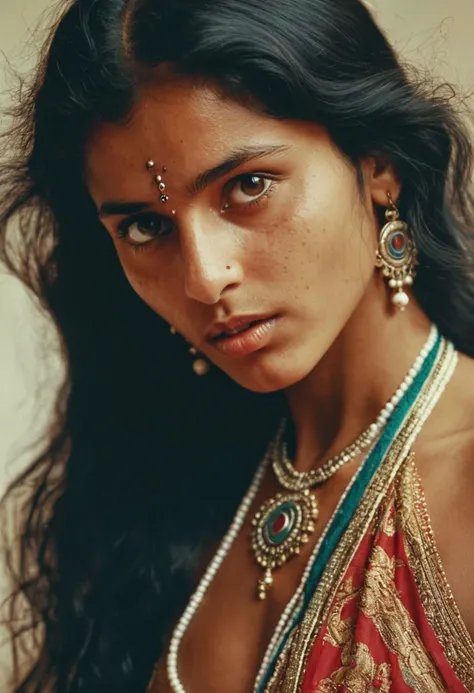 RAW textured photography by Guy Aroch and Steve McCurry, goddess, passionate god-like beautiful 30 years old Indian flexible-bodied woman, wearing traditional outfit, (natural human skin with visible pores and minor blemishes:0.6) 