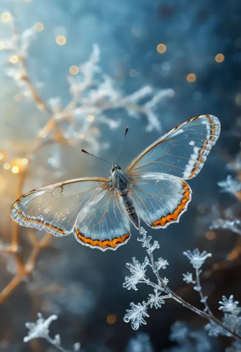 (a masterwork of fine art:1.0), (translucent) macro photography by RHADS and Alessio Albi and Aleksi Briclot and Andre Kohn, view from above, a butterfly with its wings wide open on a mineral surface covered with small ice crystals, transparent wings, crystal perfection, frosted edges, fantasy, (beautiful out go focus background with delicate abstract swirls effects and small delicate bokeh:1.5)