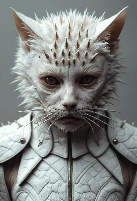 (a masterwork of fine surreal art:1.0), macro photography by Alessio Albi, (extreme details, beautiful skin delicate texture), (Yolandi Visser:1.4) (cat:1.8), short fur, armour 