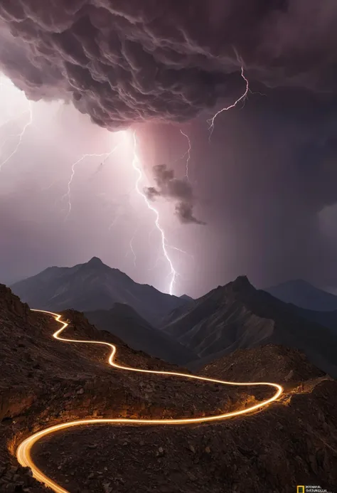 award winning photography by National Geographic, a large swoop of lightning in the sky, in the style of gravity-defying landscapes, light magenta and dark beige, otherworldly fun, mountain