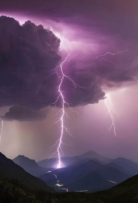 award winning photography by National Geographic, a large swoop of lightning in the sky, in the style of gravity-defying landscapes, light magenta and dark beige, otherworldly fun, mountain