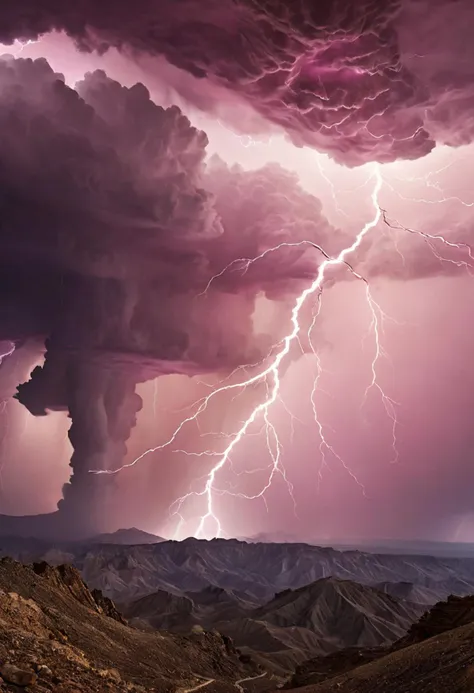 award winning photography by National Geographic, a large swoop of lightning in the sky, in the style of gravity-defying landscapes, light magenta and dark beige, otherworldly fun, mountain