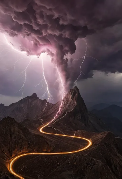 award winning photography by National Geographic, a large swoop of lightning in the sky, in the style of gravity-defying landscapes, light magenta and dark beige, otherworldly fun, mountain