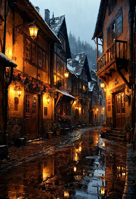 illustration by Basil Gogos and Daniel Gerhartz, charming tavern in a street alley, medieval village, rain, moody, reflections in water puddles, cold light in the background mixed with the warm light of candle lights, desolated winter mountain background 