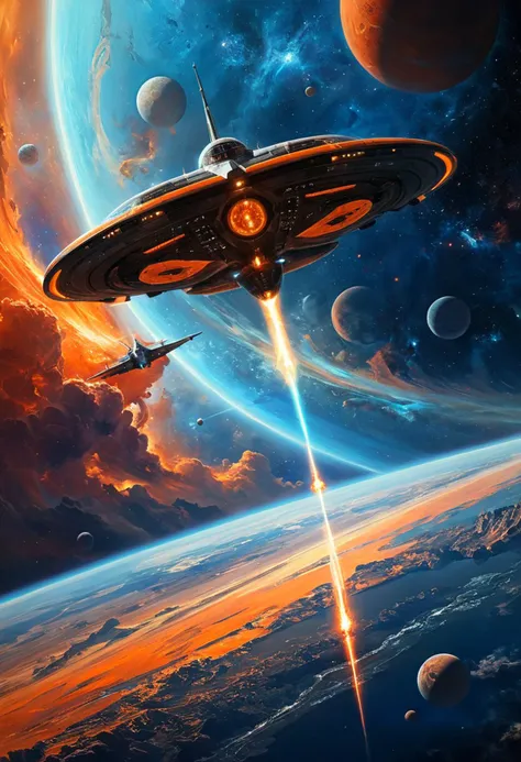 by Sabbas Apterus and Andre Kohn, A futuristic spaceship soars through a celestial tapestry, its sleek form elegantly juxtaposed against swirling nebulas in a vibrant symphony of cosmic blues and fiery oranges.