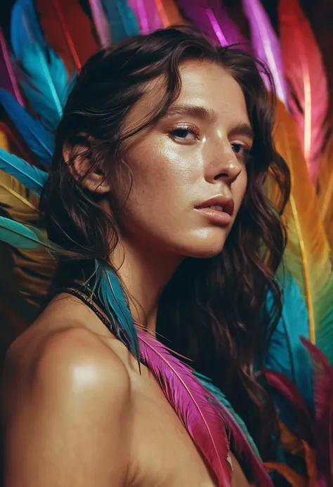 by Guy Aroch and Daniel Gerhartz, made of iridescent hummingbird feathers, beautiful young woman, complex environment, nsfw, (strong analog film grain:1.1), detailed realistic flawed skin texture, 8K