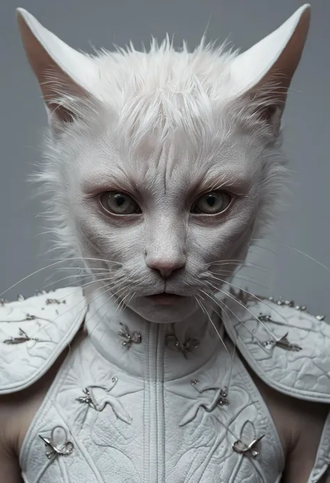 (a masterwork of fine surreal art:1.0), macro photography by Alessio Albi, (extreme details, beautiful skin delicate texture), (Yolandi Visser:1.4) (cat:1.8), short fur, armour 