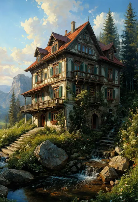 by Karol Bak and Daniel Gerhartz, a beautiful painting of a building in a serene landscape