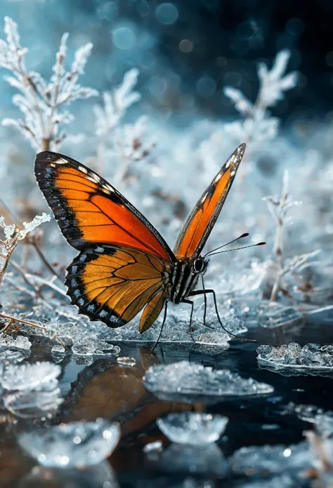 (a masterwork of fine art:1.0), (translucent) macro photography by RHADS and Alessio Albi and Aleksi Briclot and Andre Kohn, view from above, a butterfly with its wings wide open on a mineral surface covered with small ice crystals, transparent wings, crystal perfection, frosted edges, fantasy, (beautiful out go focus background with delicate abstract swirls effects and small delicate bokeh:1.5)