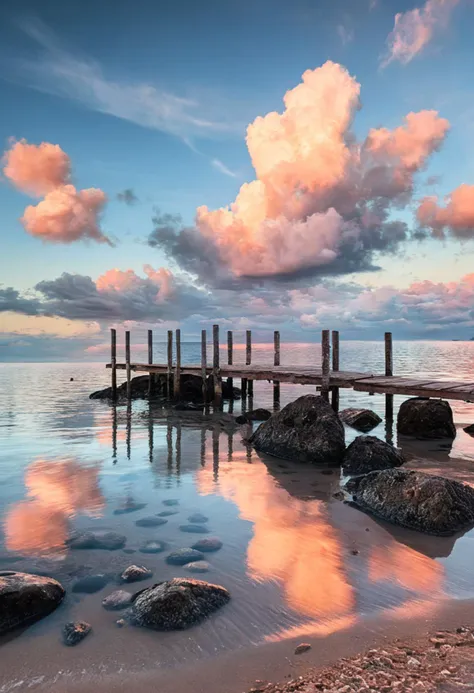 Ultra wide high view, 17mm lens.  Professional landscape photography, maximalist composition, strong colours, A serene seascape at dusk. The sky is a blend of soft pink and blue hues, reflecting on the calm sea below. A few rocks emerges from the mirror-like water surface reaching the sandy shore. A (huge:1.6) towering cumulus cloud dominates the sky, tinged with the warm colors of the setting sun. Wooden posts stick out of the water in the foreground, remnants of a pier or structure. The water is mirror-like, reflecting the sky's pastel colors and the dramatic cloud formation.