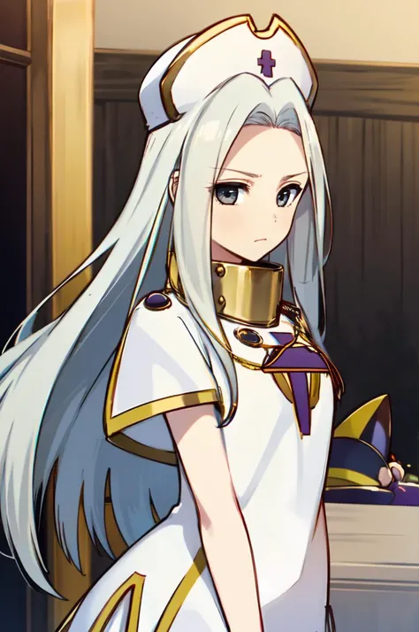 <lora:mint_adenade_(cosplay):0.85> mint_adenade_(cosplay), (mitre:1.3),, ultra detailed, masterpiece, best quality,, serious, 1girl, (white eyes:1.1), (grey eyes:1.3), white hair, very long hair, parted hair, parted bangs, <lora:parted_hair_v1.3:1.3>, medium breasts,