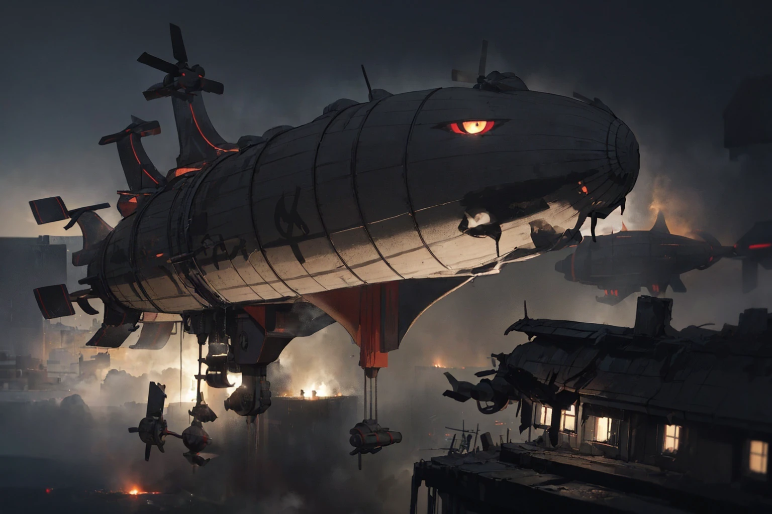 (best quality, high resolution, extremely detailed:1.2), <lora:kirov-ra2-richy-v1:1> ,(kirov:1.2) emerging from (fog:1.1), (flying above:1.1) destroyed city, glowing, dark, blue flames, <lora:Gloomifier_V2_TheGlow:1> ,