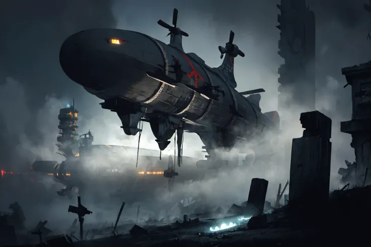 (best quality, high resolution, extremely detailed:1.2), <lora:kirov-ra2-richy-v1:1> ,(kirov:1.2) emerging from (fog:1.1), (flying above:1.1) destroyed city, glowing, dark, blue flames, <lora:Gloomifier_V2_TheGlow:2> ,