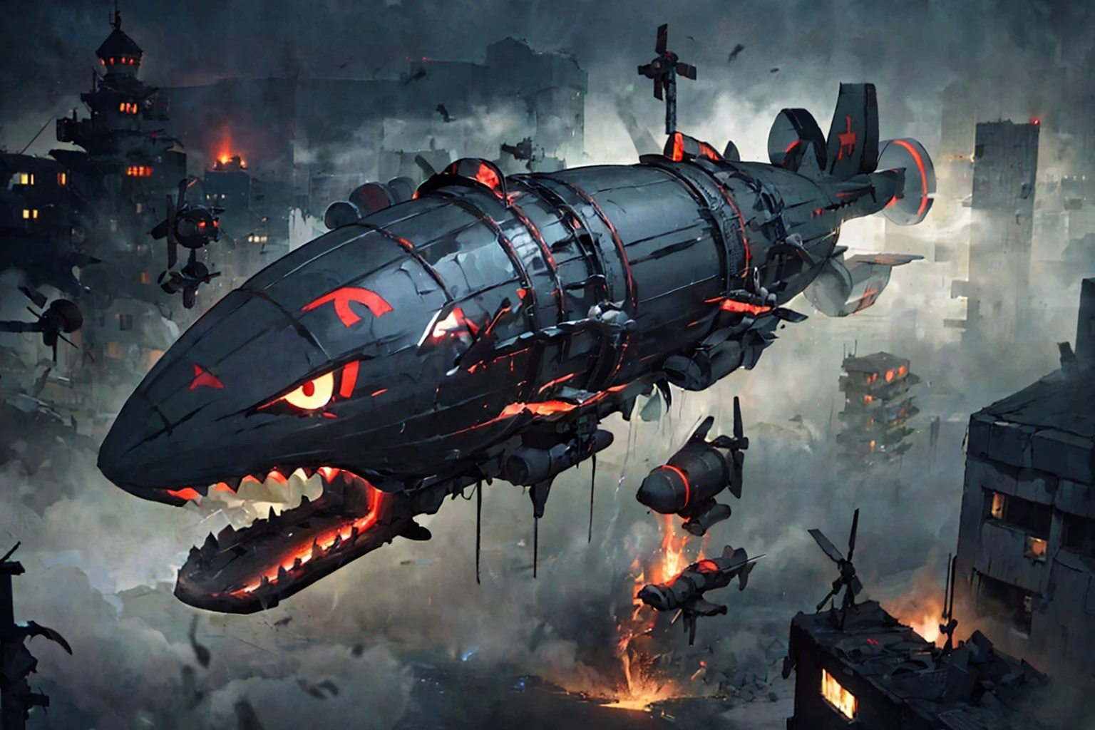 (best quality, high resolution, extremely detailed:1.2), <lora:kirov-ra2-richy-v1:1> ,(kirov:1.2) emerging from (fog:1.1), (flying above:1.1) destroyed city, glowing, dark, blue flames, <lora:Gloomifier_V2_TheGlow:1> ,