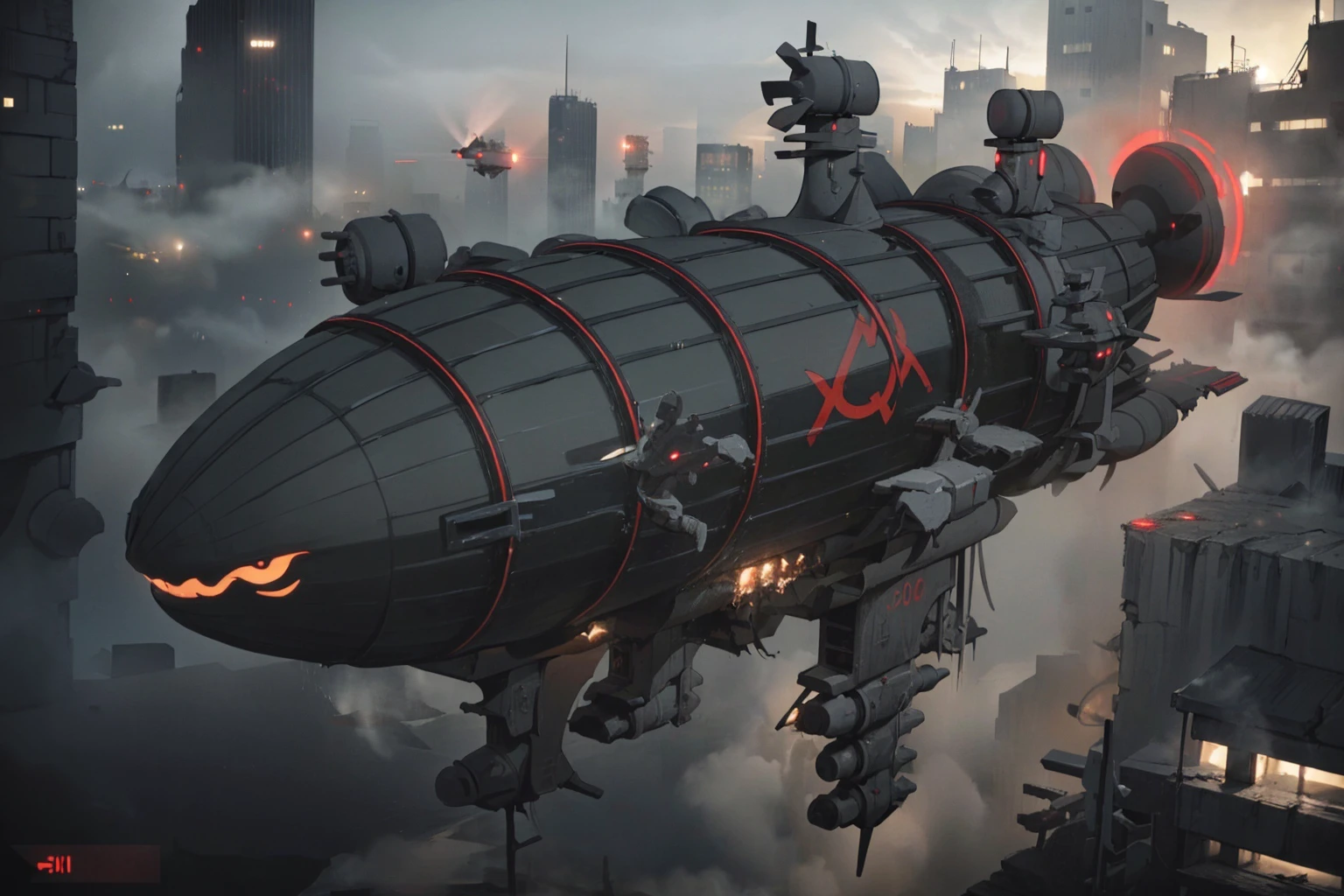 (best quality, high resolution, extremely detailed:1.2), <lora:kirov-ra2-richy-v1:1> ,(kirov:1.2) emerging from (fog:1.1), (flying above:1.1) destroyed city, glowing, dark, blue flames, <lora:Gloomifier_V2_TheGlow:1> ,